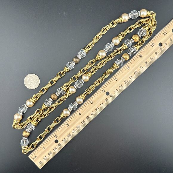 Heavy Vintage Gold Plated Chain Necklace Faux Pearl Crystal Beads Rhinestone 22" - Picture 7 of 11
